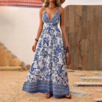 Floral Print Backless Maxi Dress