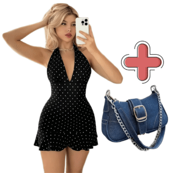 Elegant Black & White Polka Dot Dress with Trendy Chain Shoulder Bag Combo